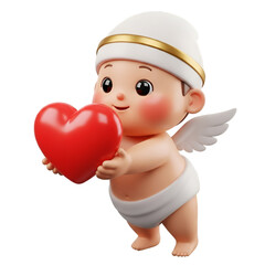 Obraz premium Cute 3D Cupid baby holding red heart for Valentines Day and love concepts, isolated on white background