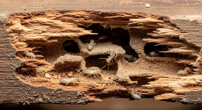 Isoptera termites crawling on wood surface, showing soft bodies and social insect behavior. A wood feeding insect group important in decomposition and ecosystem balance.