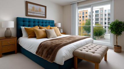Fototapeta premium Modern bedroom interior with teal headboard sunlight and city view cozy home decor and real estate staging