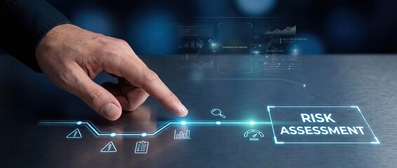 Risk Assessment Concept: Hand Touching Digital Interface with Business Icons