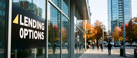  modern office building with a "LENDING OPTIONS" sign on the glass facade.