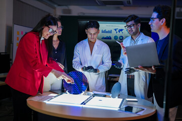 engineering research group analyzing a silicon wafer prototype. Professors and students collaborating on a microchip physics experiment in laboratory to develop future electronic technology.