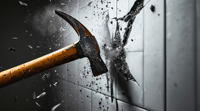 Hammer Smashing Ceramic Wall Tile During Renovation