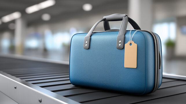 Blue suitcase on airport conveyor belt baggage claim travel luggage and modern tourism transport concept