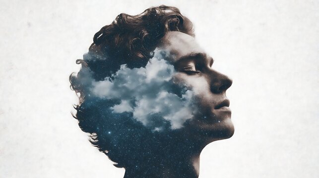 A serene portrait of a person with clouds and stars blended into their silhouette, symbolizing dreams and thoughts.