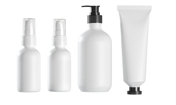 White Plastic Bottle Cosmetics mock up set isolate on white background. 3D rendering.