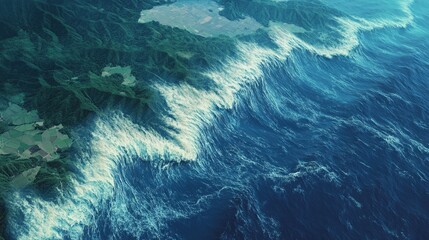 Aerial View of Coastal Waters and Lush Greenery along the Shoreline with Waves Crashing onto the Land in Natural Landscape