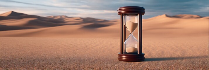 An hourglass stands in a vast desert landscape, symbolizing the passage of time against a backdrop of golden sands.