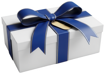 White gift box with blue satin ribbon and gold tag isolated on transparent background