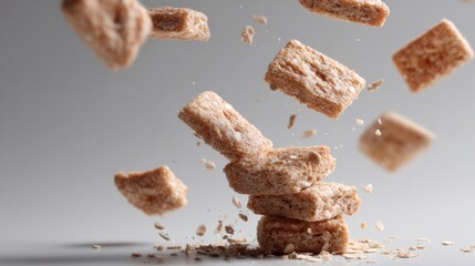 Floating wheat cereal blocks captured mid-air for breakfast, food or snack product commercial visuals