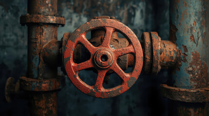 Old Rusty Water Valve Wheel on Industrial Pipe