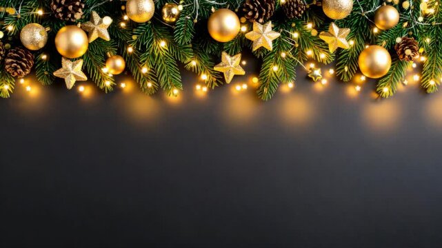 Elegant holiday background with pine branches, golden ornaments, stars and festive string lights, with copy space.