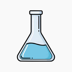 A cartoon illustration of a laboratory flask with blue liquid