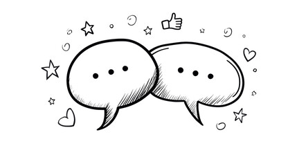 Two speech bubbles with dots inside, surrounded by stars and hearts, representing communication and conversation in a playful illustration with copy space. isolated image, transparent background