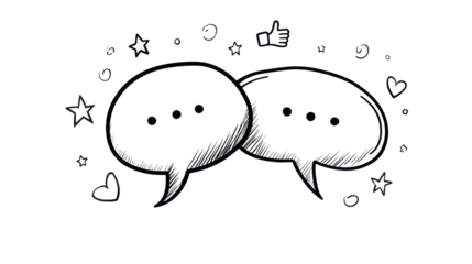 Two speech bubbles with dots inside, surrounded by stars and hearts, representing communication and conversation in a playful illustration with copy space. isolated image, transparent background