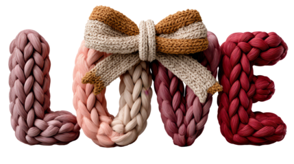 Braided letters forming the word love, adorned with a textured bow, showcasing a creative and colorful design with a transparent background for versatile use. isolated image, transparent background