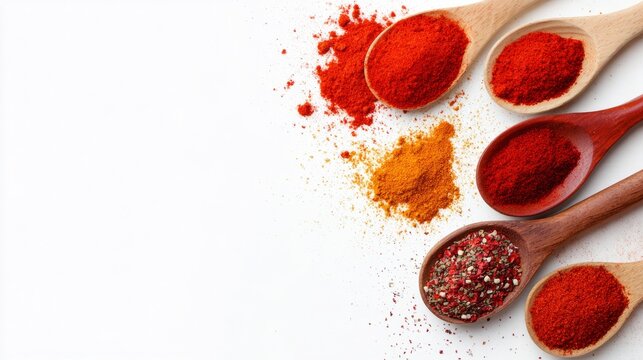 Assorted spices in wooden spoons on white background for cooking, culinary or recipe design visuals