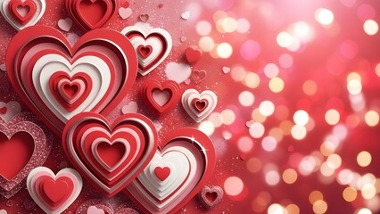 Valentine's composition of layered, dimensional hearts amidst a sparkling, defocused bokeh background