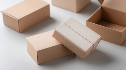 Fototapeta premium Minimal stacked cardboard boxes on grey background for packaging, shipping or branding product visuals