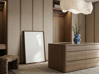 Blank white frame mockup leaning against wall walk in closet,  luxury dressing room interior mock up vertical frame, modern wooden wardrobe interior design frame mock up 