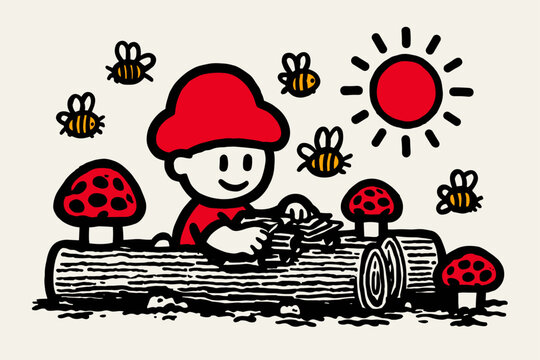 Playful cartoon character stacking colorful bricks on a log