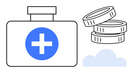 Fototapeta premium Healthcare, medical services, finance, cost management, health insurance, saving money. First aid box with cross icon and stack of coins. Healthcare and medical services finance theme