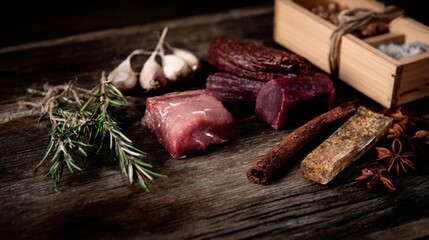 Charcuterie board with cured meats and herbs on rustic table for gourmet food, culinary or recipe visuals branding