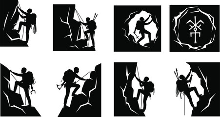 Rock climber silhouette set ascending vertical cliffs and caves with rope and gear extreme adventure mountaineering illustration collection