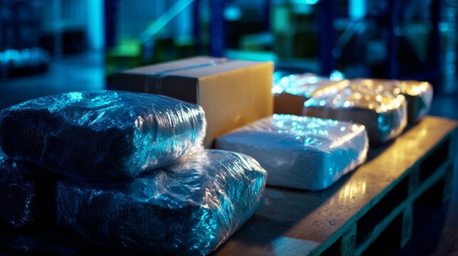 Vacuum-sealed packages on conveyor in cold facility for logistics, packaging or perishable food product visuals and marketing