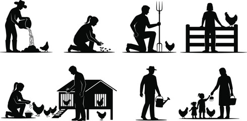 Family farming silhouette set showing parents and children planting crops feeding chickens and watering gardens in sustainable rural lifestyle illustration © MdLimon