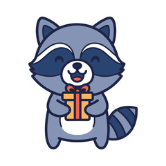 Cute Raccoon Holding Gift Box Vector Illustration