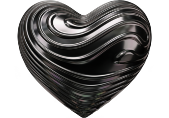 Shiny black heart shape with swirling metallic design isolated on transparent background