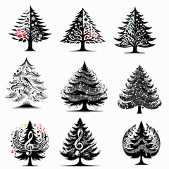 Obraz premium Creative Musical Pine Tree Silhouette with Music Notes and Clef Symbols