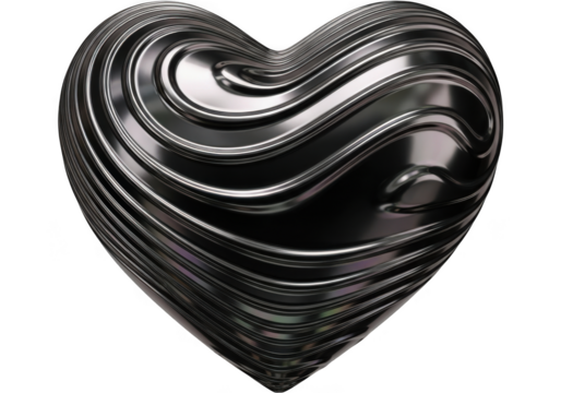 Shiny black heart shape with swirling metallic design isolated on transparent background - Powered by Adobe