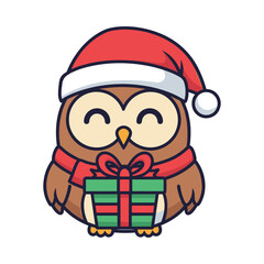 Christmas Owl with Gift Vector Illustration