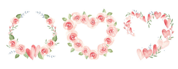 Fototapeta premium Valentine's day or wedding wreaths set with hearts, pink roses and branches. Circle and heart shaped frames, borders. Watercolor painting isolated on a white background. Love and Romantic illustration