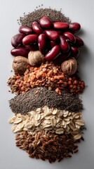 Obraz premium Nature's bounty showcases a vibrant array of high-fiber foods. Rich reds and earthy tones form an artistic arrangement, bringing attention to health and nutrition with every detail