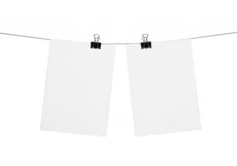 Two blank white papers hanging on a clothesline with binder clips isolated on transparent background