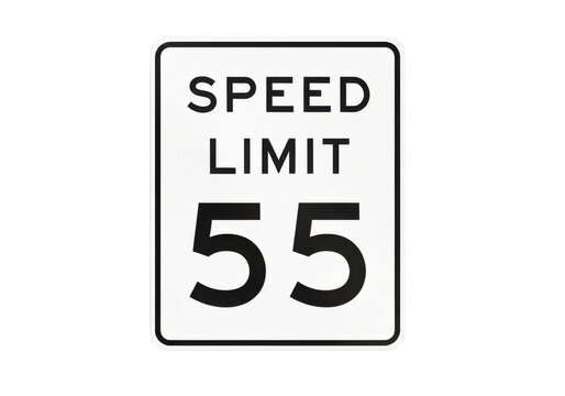A clear and concise speed limit sign indicating 55 miles per hour, often used on highways and roads, isolated on transparent background