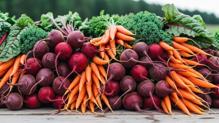 Colorful farm-fresh beets and vibrant orange carrots display abundant healthy root vegetables spilling over a rustic market stall