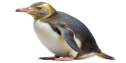 Yellow-eyed penguin standing in profile view isolated