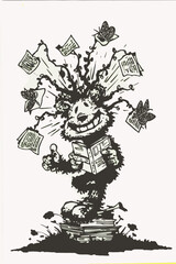 Whimsical Illustration of a Reading Tree Creature Surrounded by Fluttering Pages and Butterflies