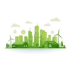 Obraz premium Eco City with Wind Turbines, Sun, and Recycling Symbol