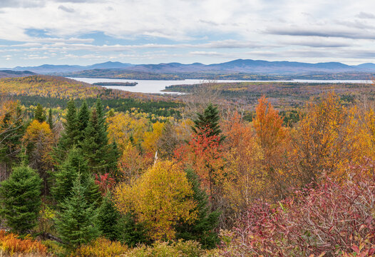 Bald Mountain, Ranegely & Mooselookmeguntic lakes from scenic overlook, Rangeley, Maine