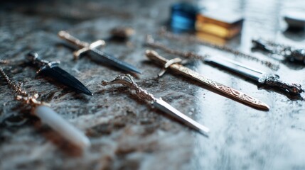 Knives arranged with ink and wood for artisan craft concept and handmade product photography in rustic style