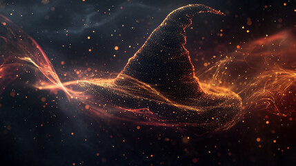 Close-up of a witch&acirc;s hat surrounded by subtle glowing magic particles, smooth smoke-like light trails, dark gradient backdrop, elegant fantasy stock style
