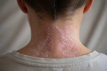 Close-up of irritated dry skin on the back of a neck, showing redness and flaking consistent with dermatitis or psoriasis, healthcare and dermatology concept, skin condition awareness