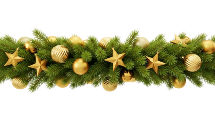 Festive Gold Christmas Garland Border with Baubles and Stars Elegant Holiday Decoration Seamless Pattern