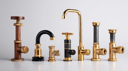 Industrial brass water faucets arranged for plumbing product branding and utility hardware design concept photography composition
