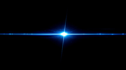 黒背景に映える鮮やかな青い光線と中心で輝くレンズフレア